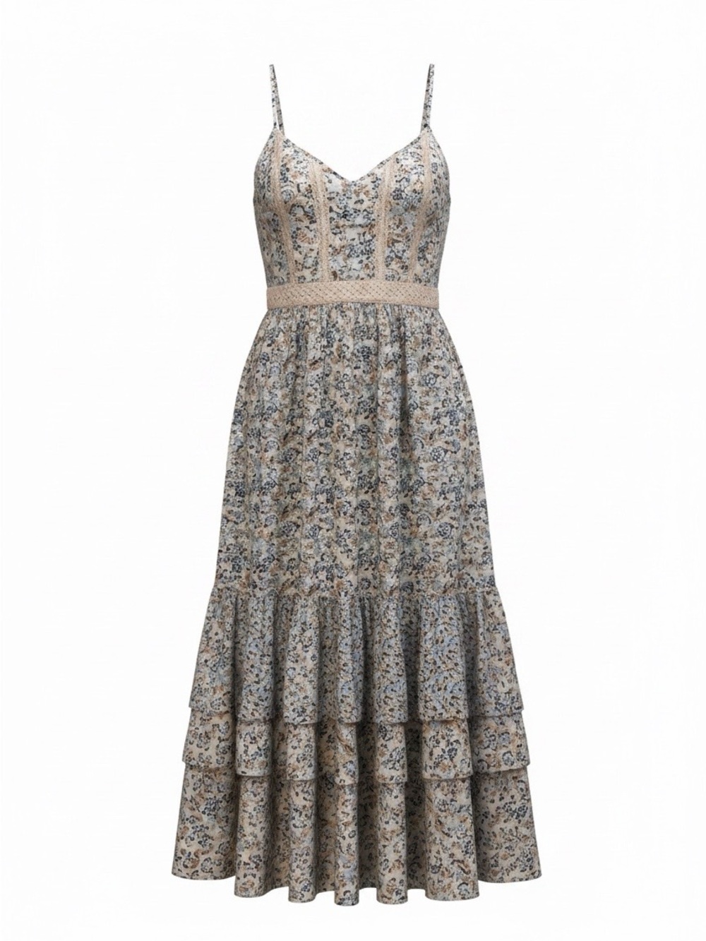 Japna Beige and Blue Floral Tiered Maxi Dress